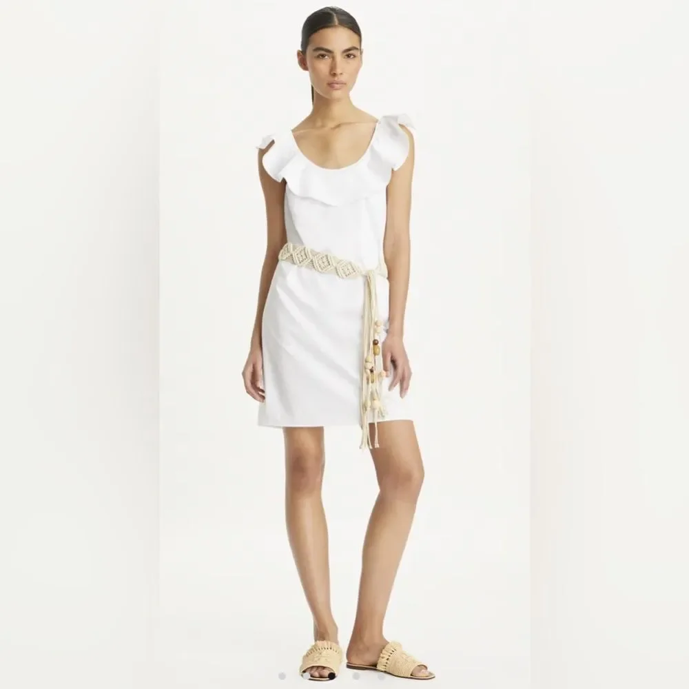 Tory Burch NWOT White flounce Dress with Woven Belt  size 2